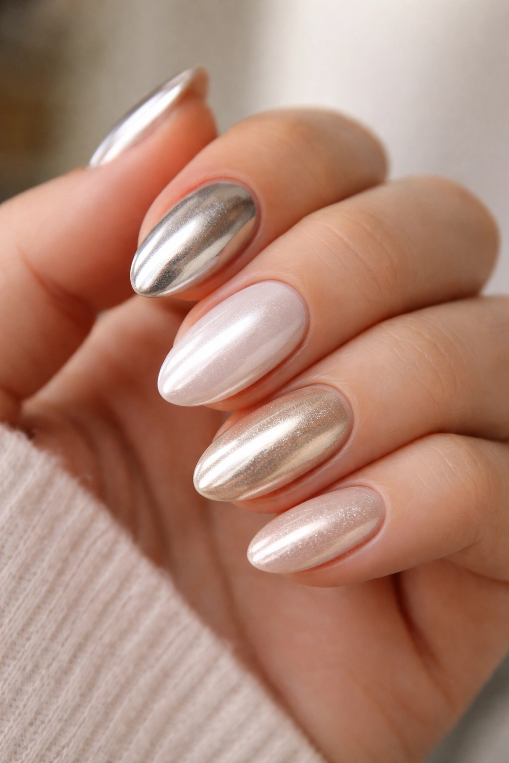 Close-up of mixed-finish chrome almond nails
