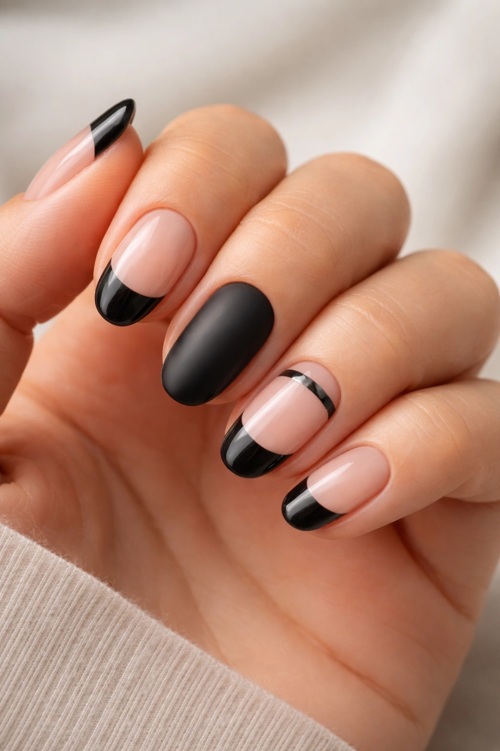 Close-up of a hand with short oval nails featuring black tips in glossy, matte, satin, and chrome-accented finishes