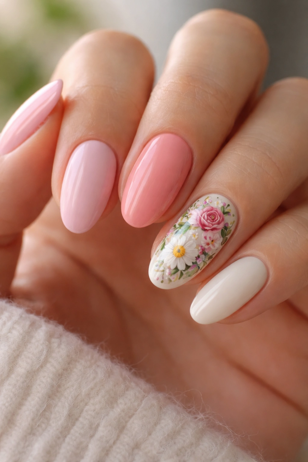 Close-up of a short almond manicure with a single accent nail painted with mixed garden florals (roses, daisies, leaves).