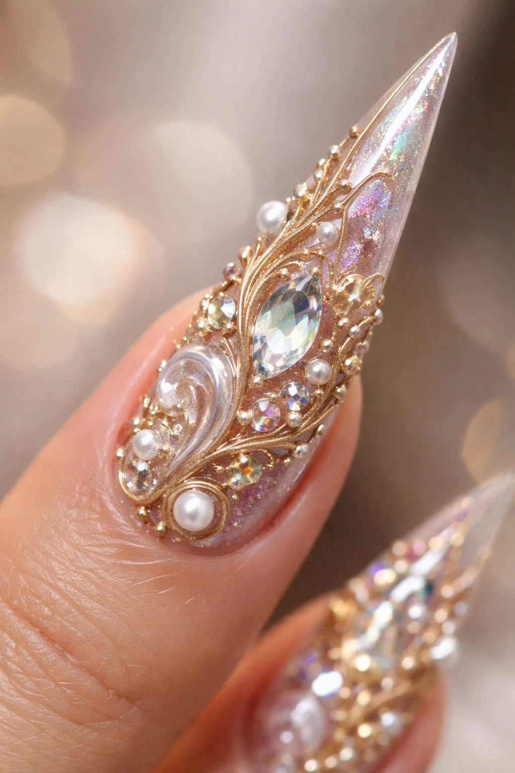 Close-up of mixed media stiletto nail with crystals, pearls, and metallic accents