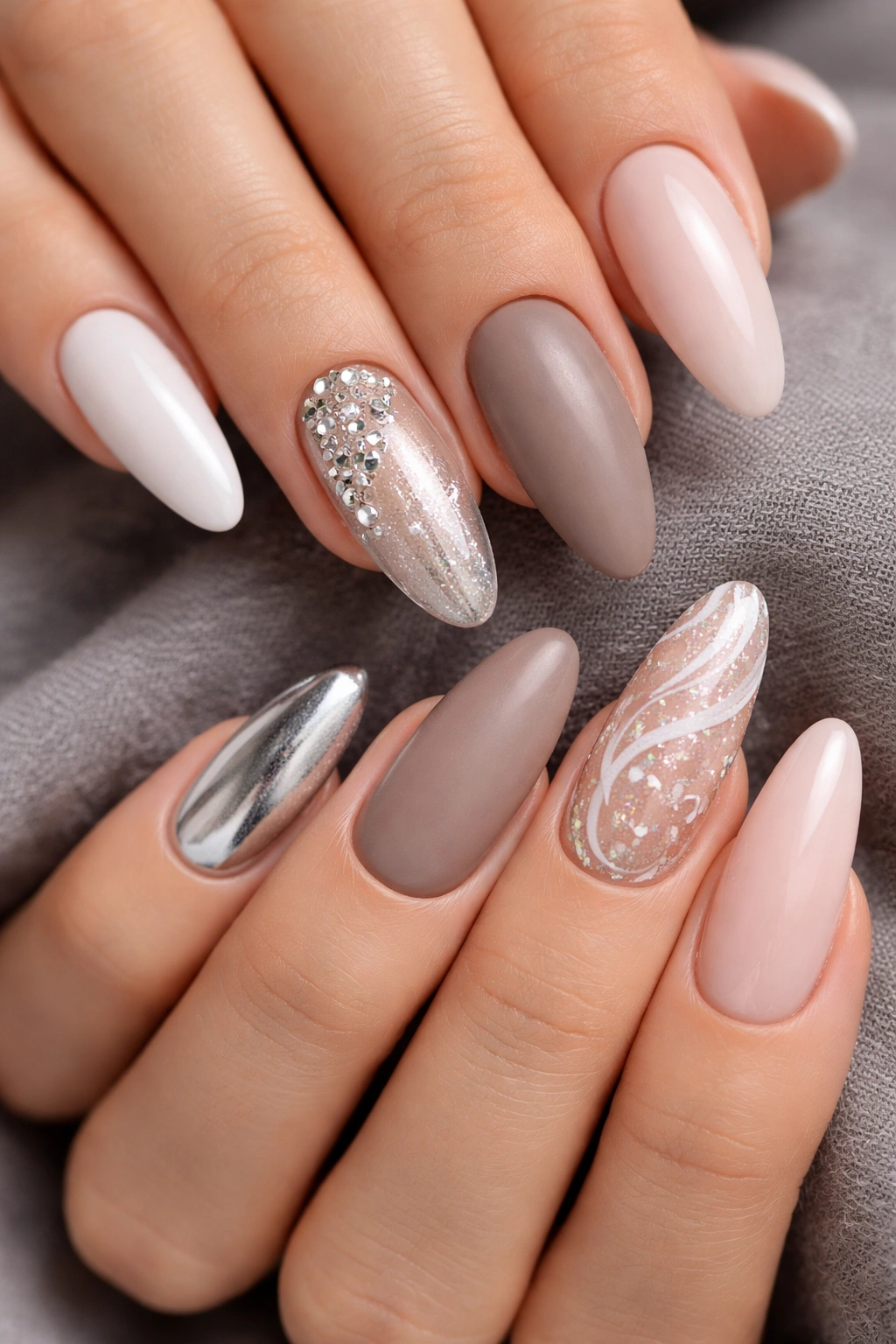 Two hands with extra-long oval nails showing mixed finishes and one accent per hand