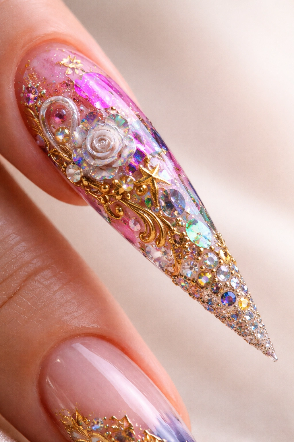 Close-up of a stiletto nail with foil, 3D elements, and gems