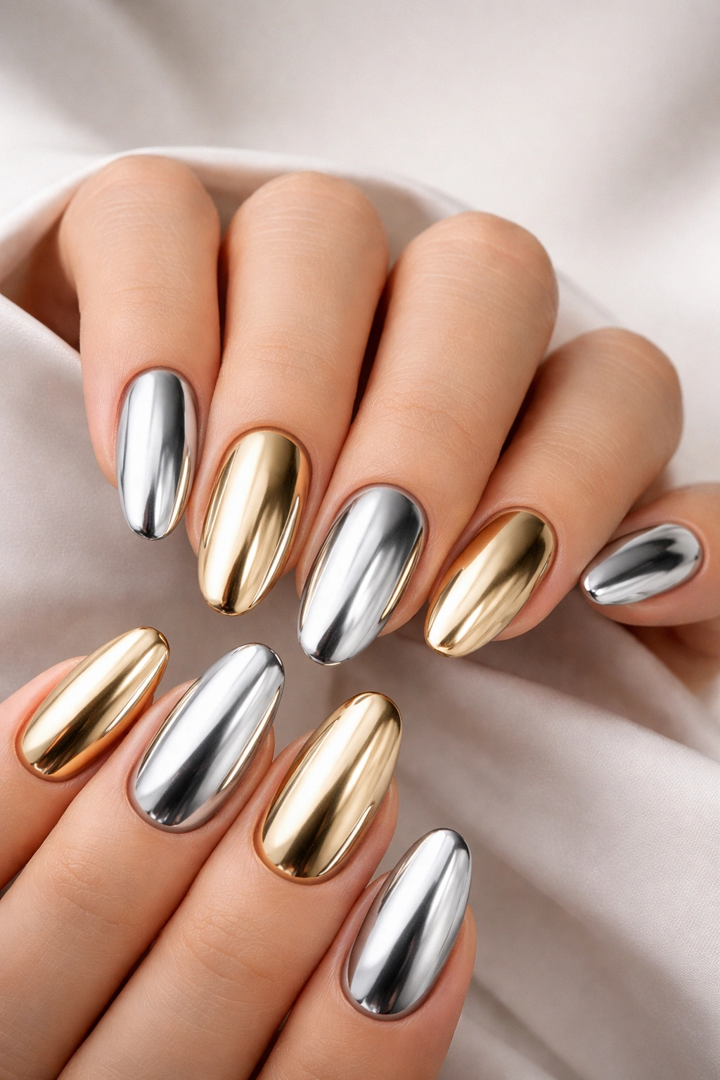 Nails with alternating silver and gold chrome across fingers