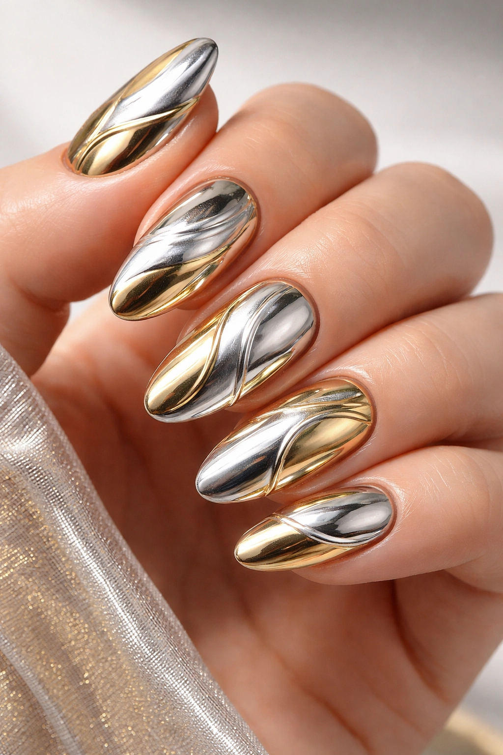 Close-up of mixed-metal chrome nails reflecting studio lights