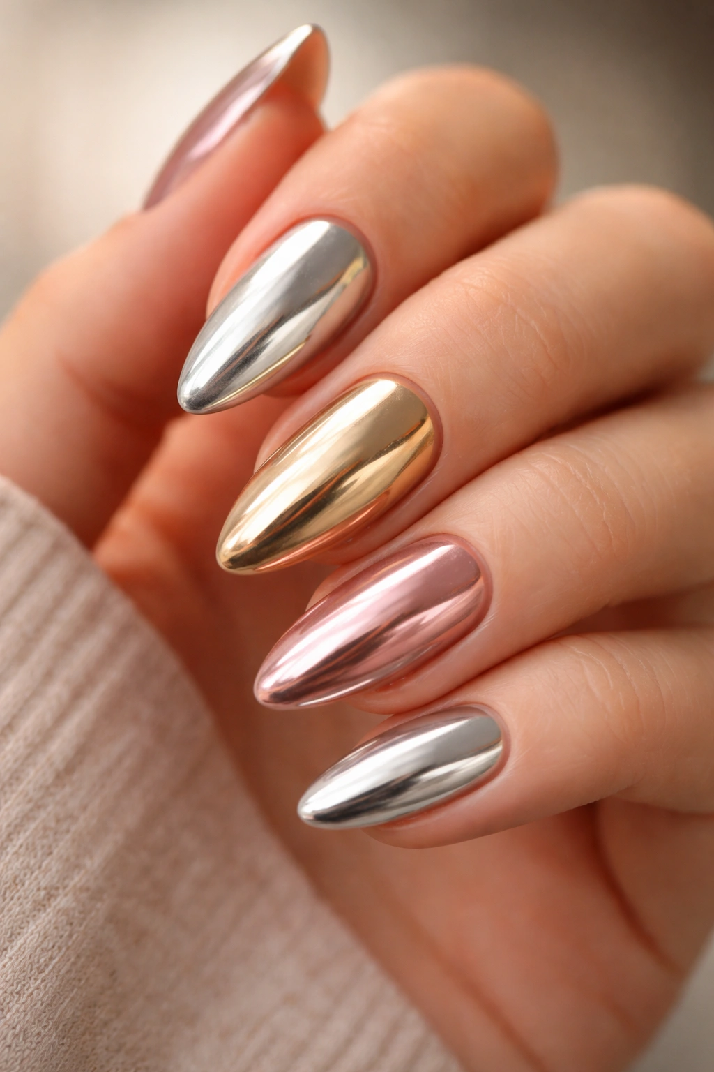 Nails showing multiple metallic chrome finishes on almond shapes