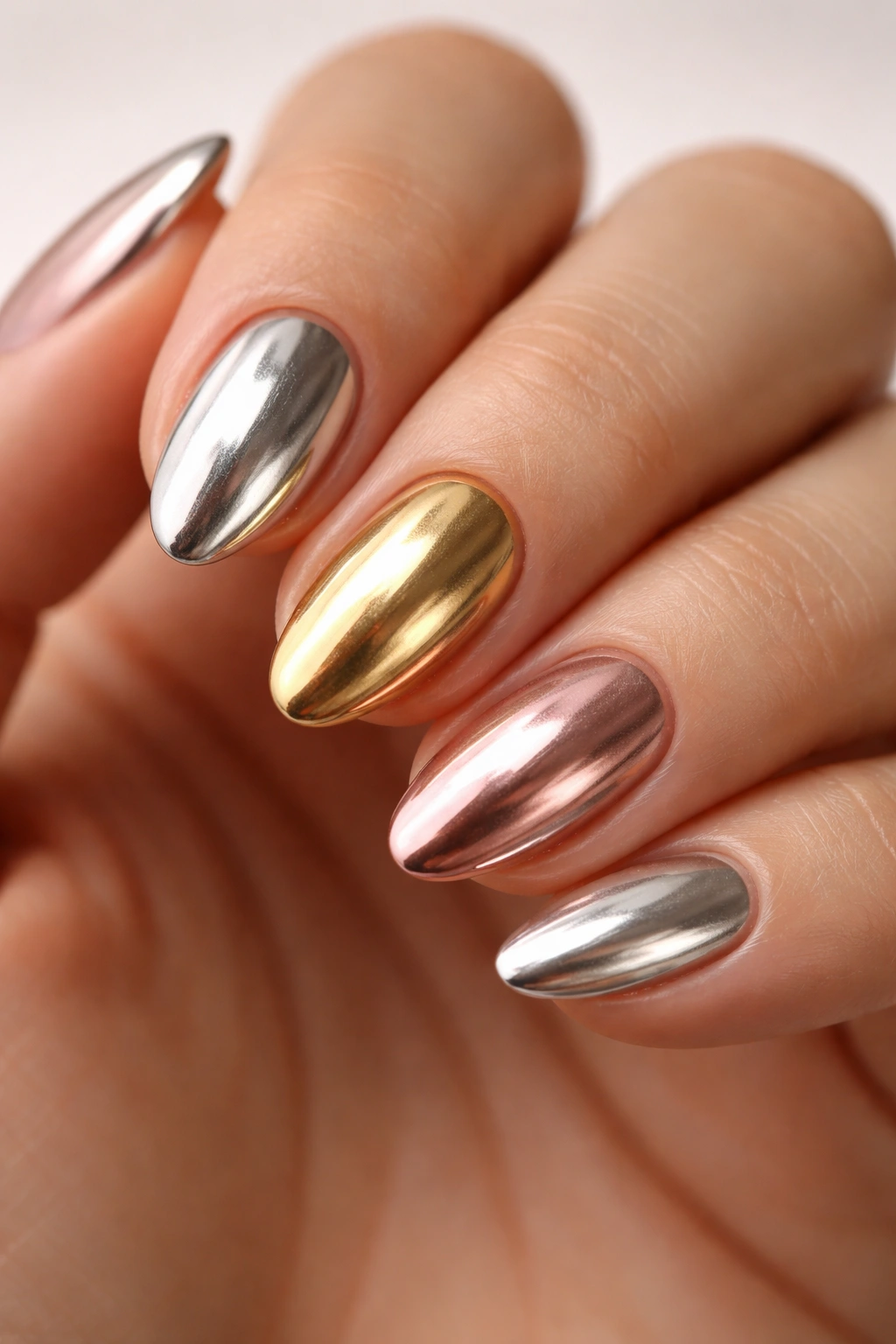Close-up of short almond nails with mixed silver gold and rose chrome finishes