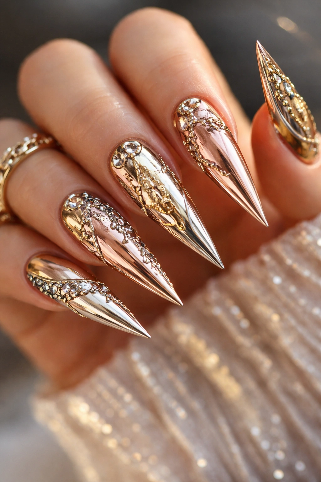 Close-up of stiletto nails with mixed metallic finishes and geometric patterns