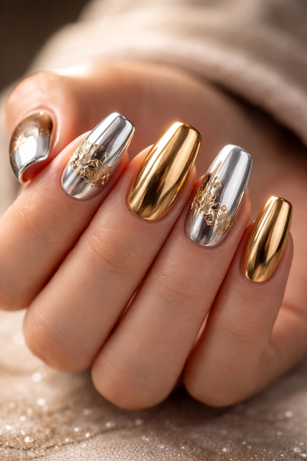 Acrylic nails with gold foil accents on silver chrome nails and alternating gold and silver