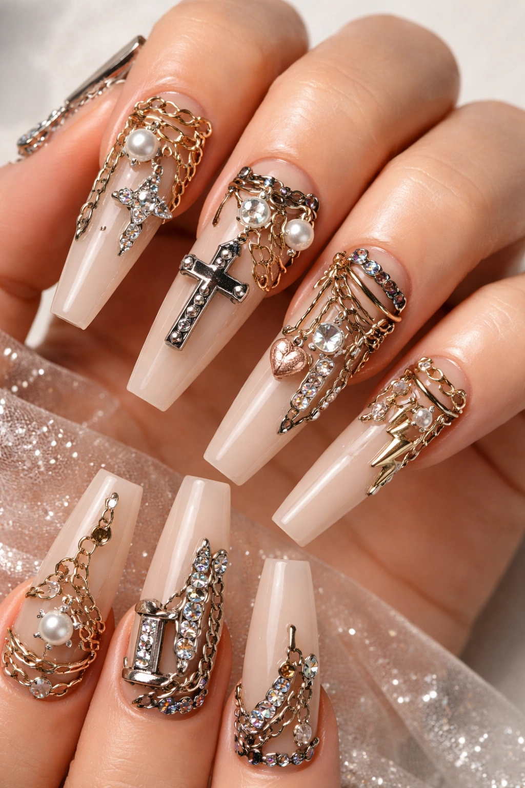 Close-up of nails with mixed metal charms on nude base