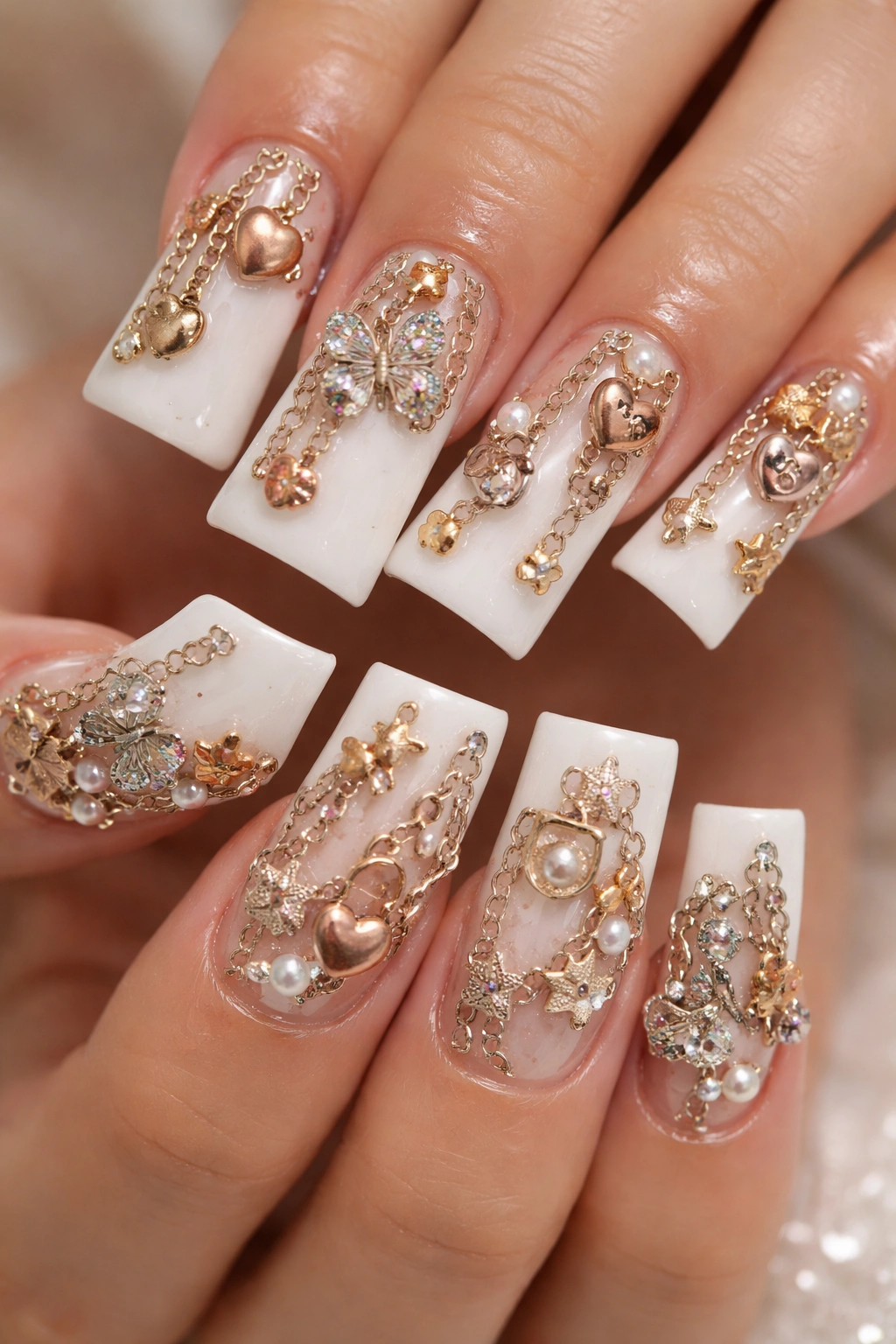 Close-up of white duck nails with mixed gold, silver, rose gold, and copper charms
