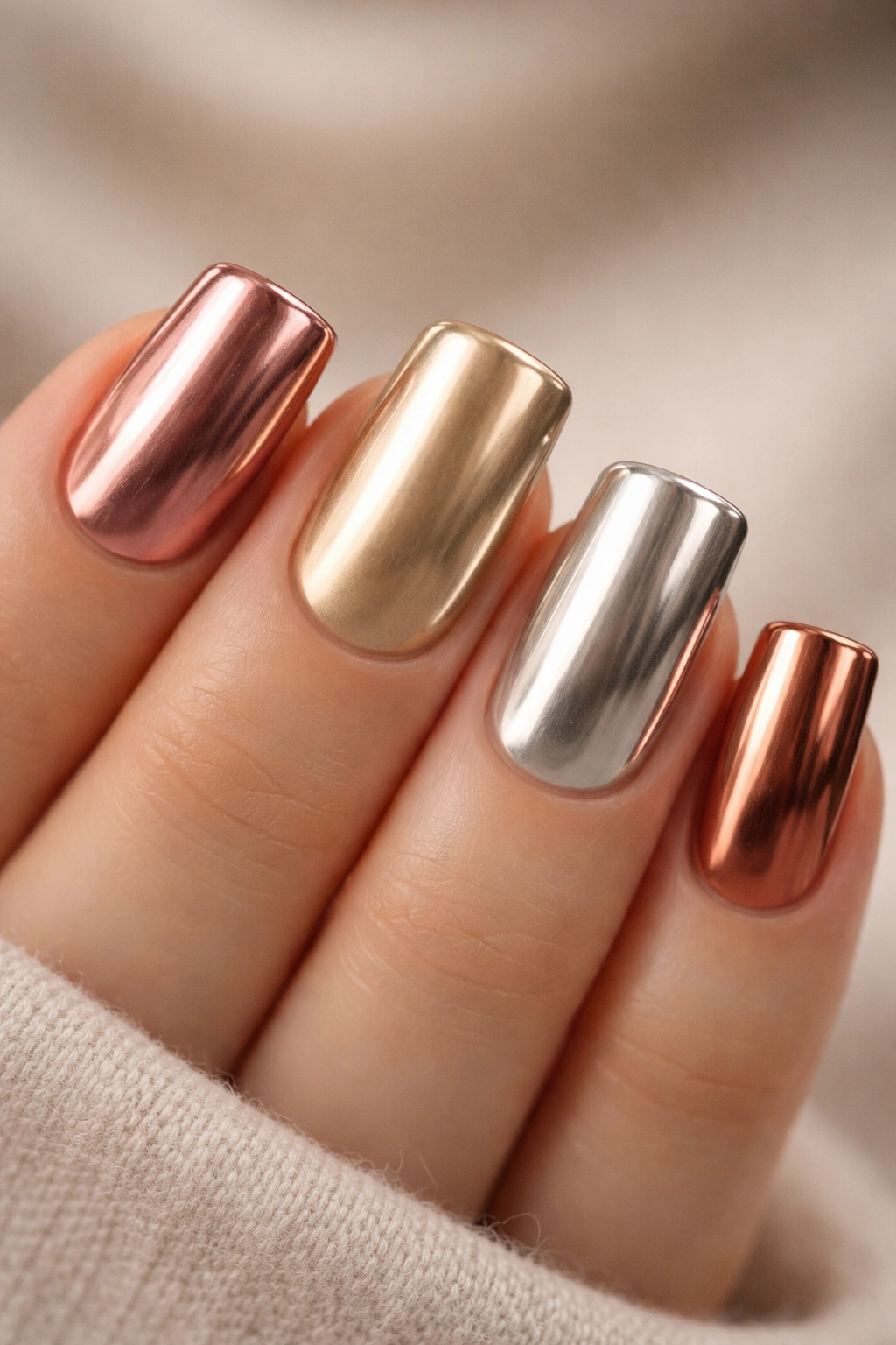 Close-up of short duck nails in rose gold, champagne, and copper chrome finishes on a hand