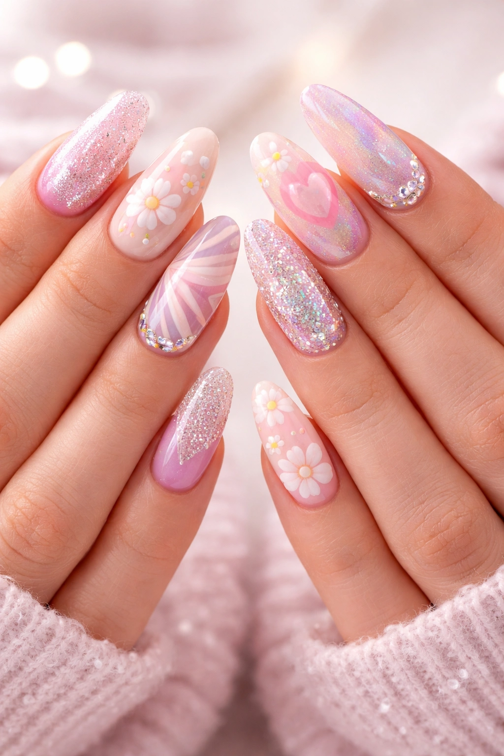 Two hands with mixed nail art elements including glitter, geometry, florals and rhinestones
