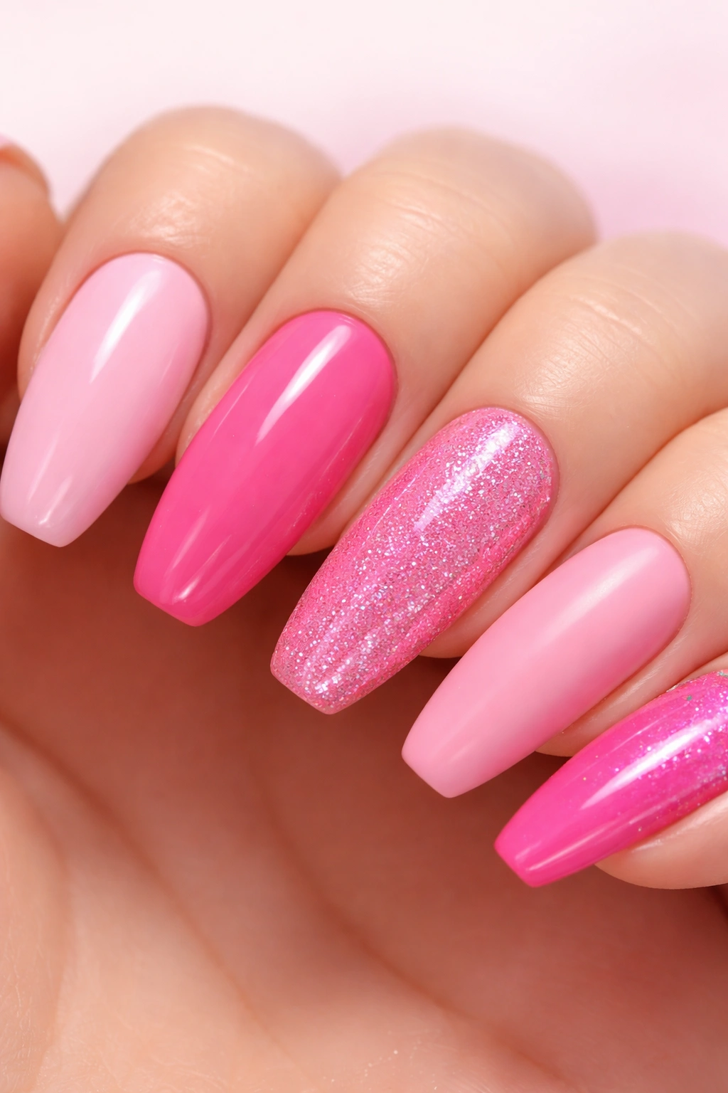 Nails in varying pink shades with different finishes