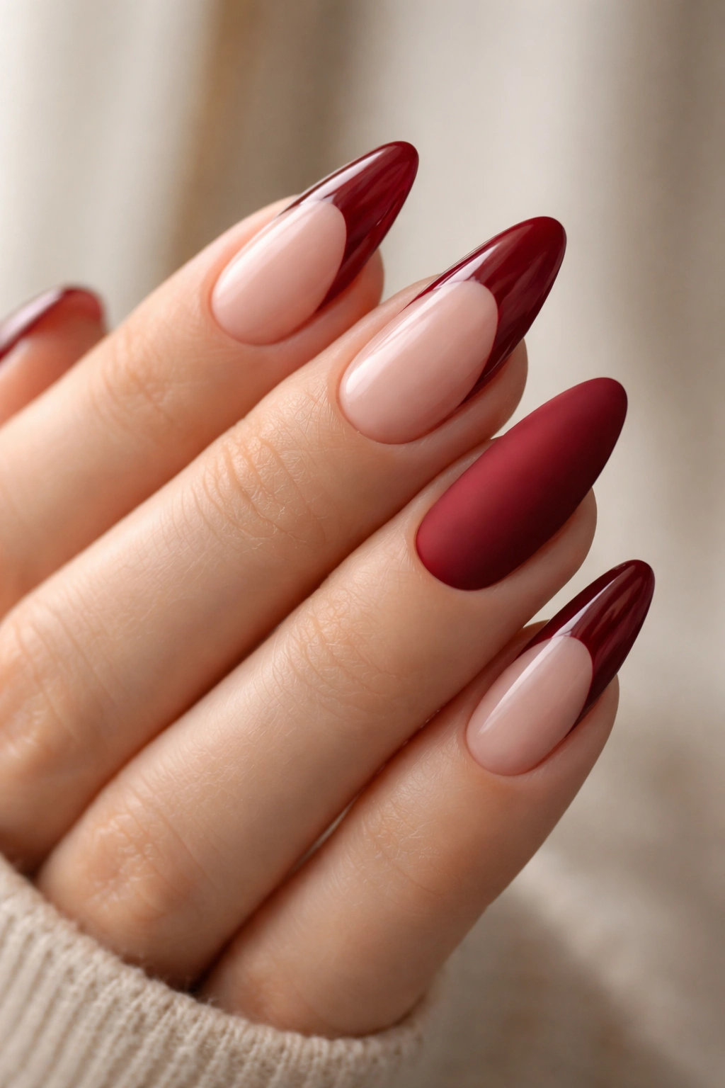 Close-up of almond nails with mixed glossy and matte deep red French tips