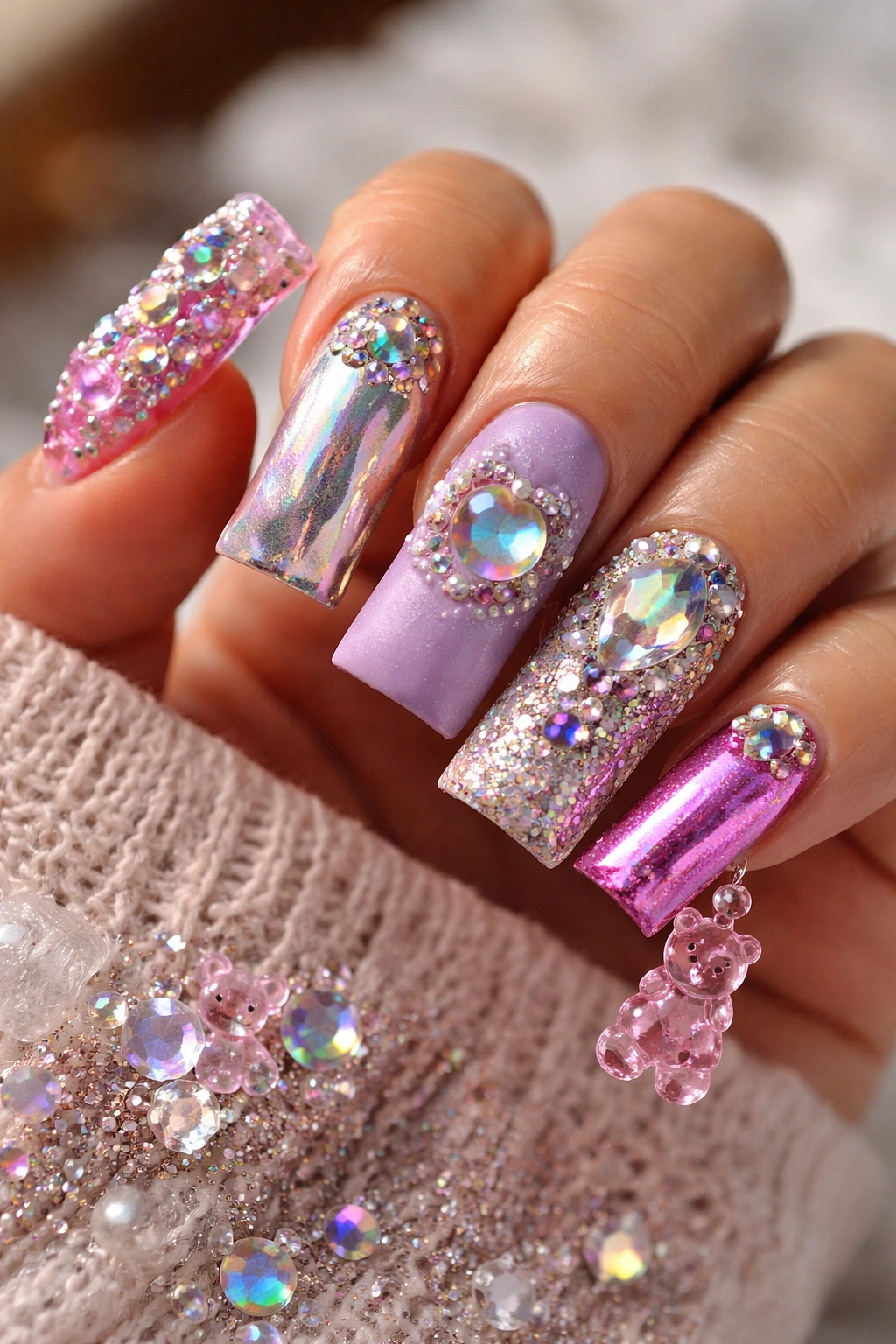 Nails displaying multiple textures including gloss, matte, glitter and chrome