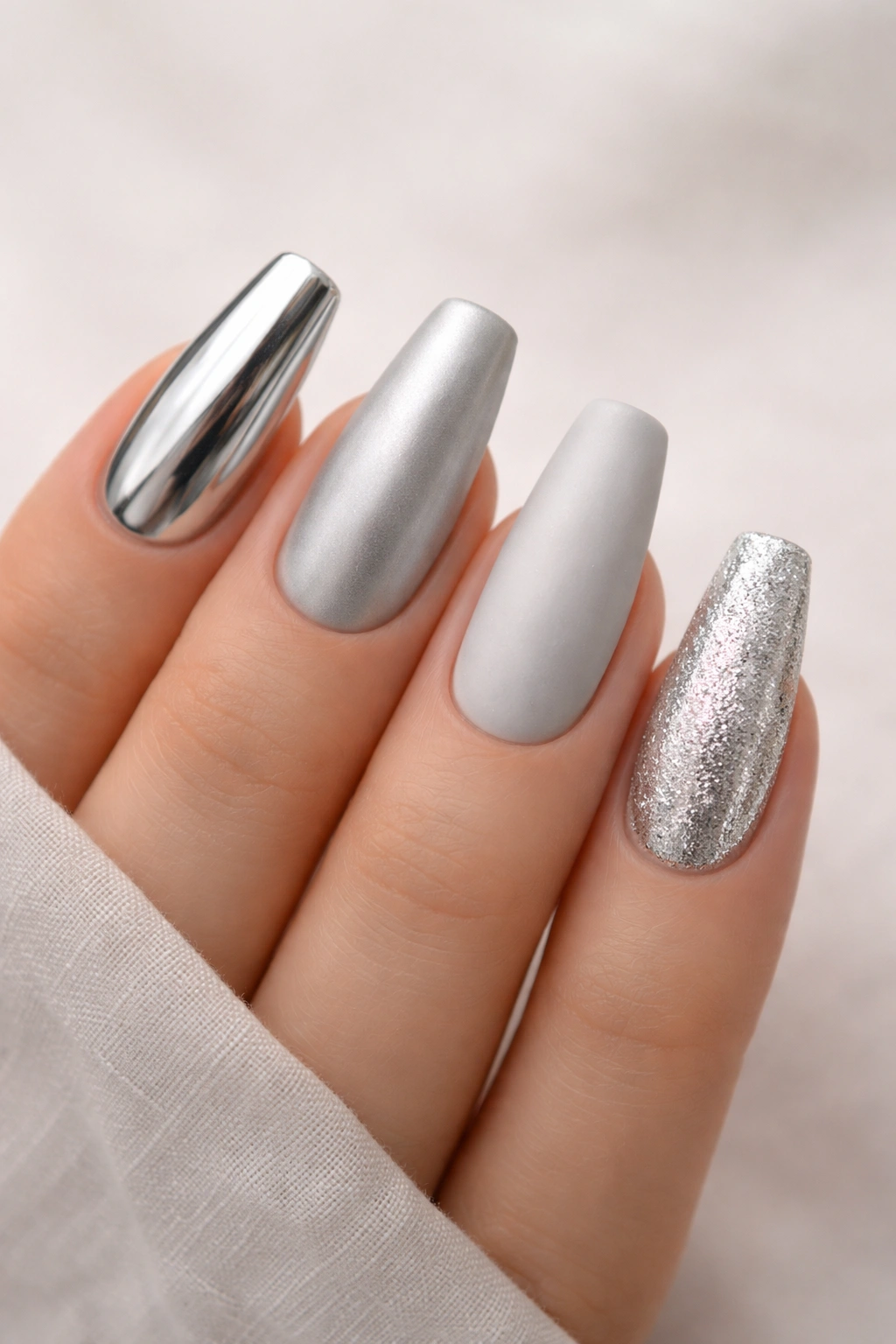 Hand showing five nails with different silver textures in a cohesive set