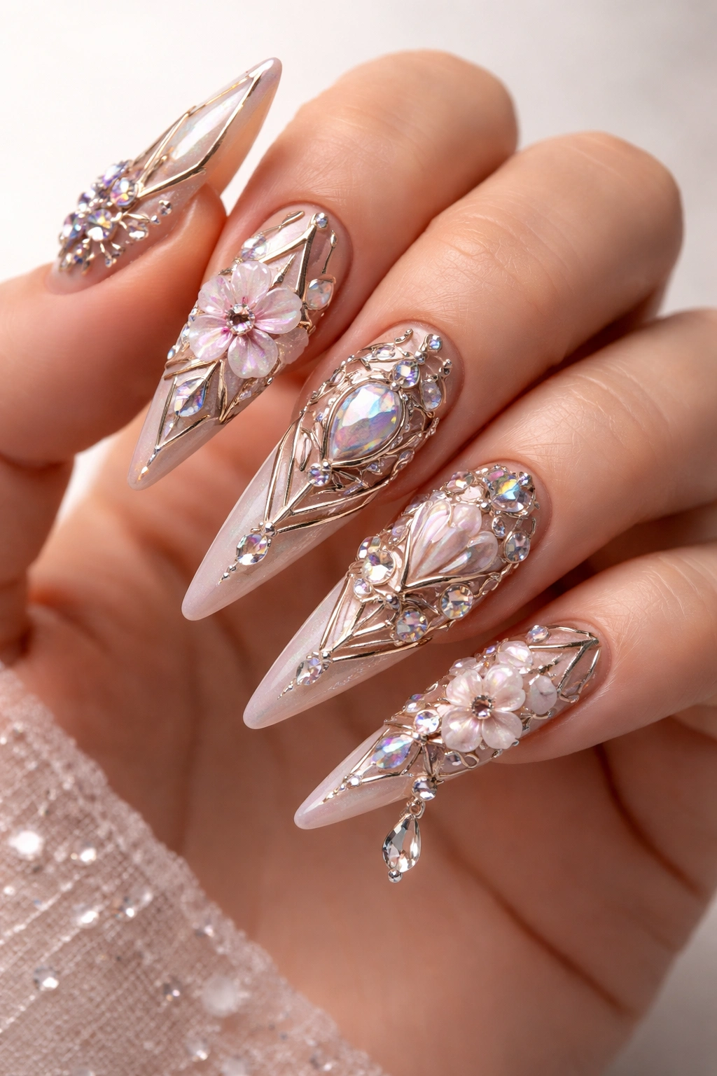 Close-up of nails with dimensional mixed-media elements, chrome accents, and gems