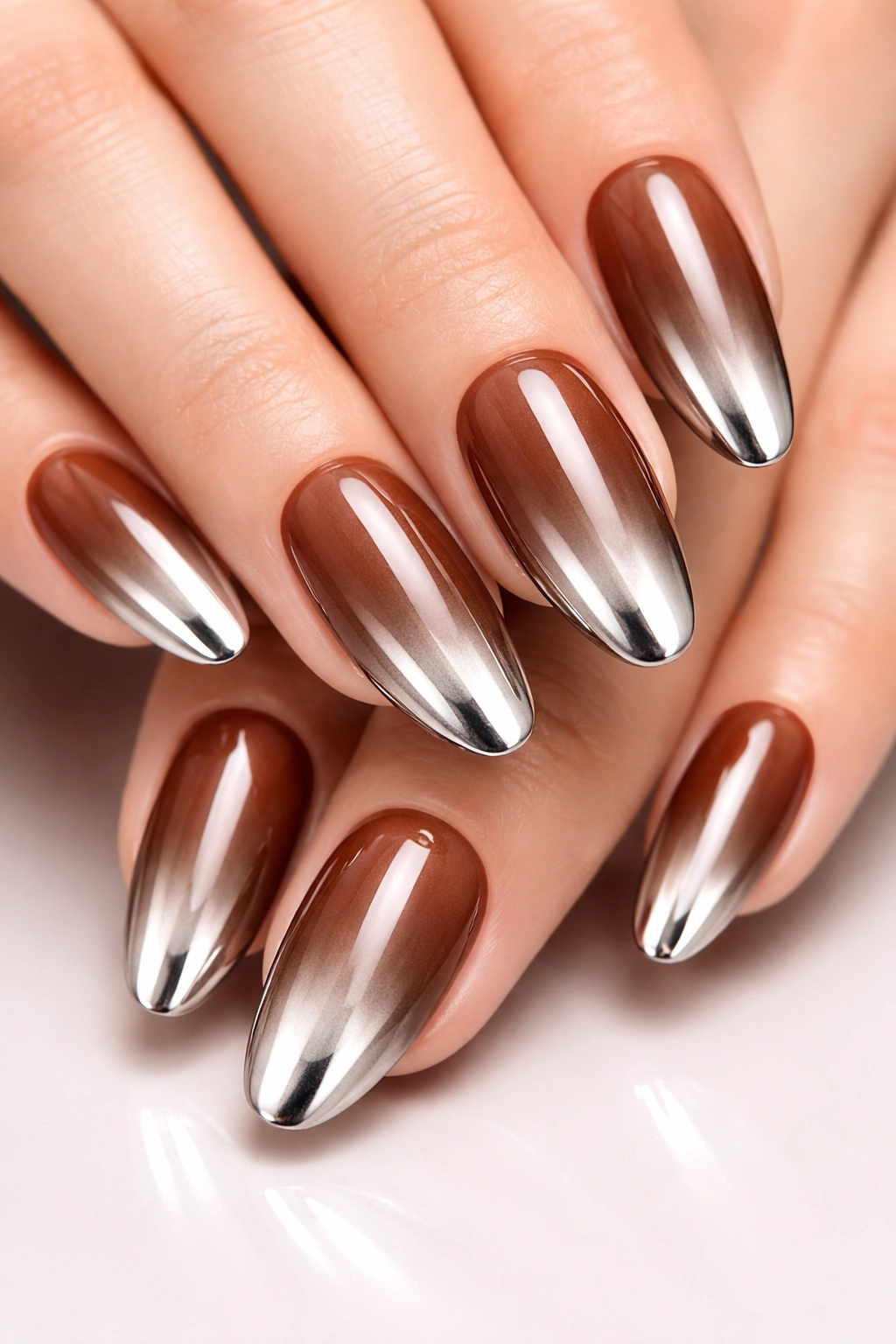 Mocha brown ombre nails with chrome tips
