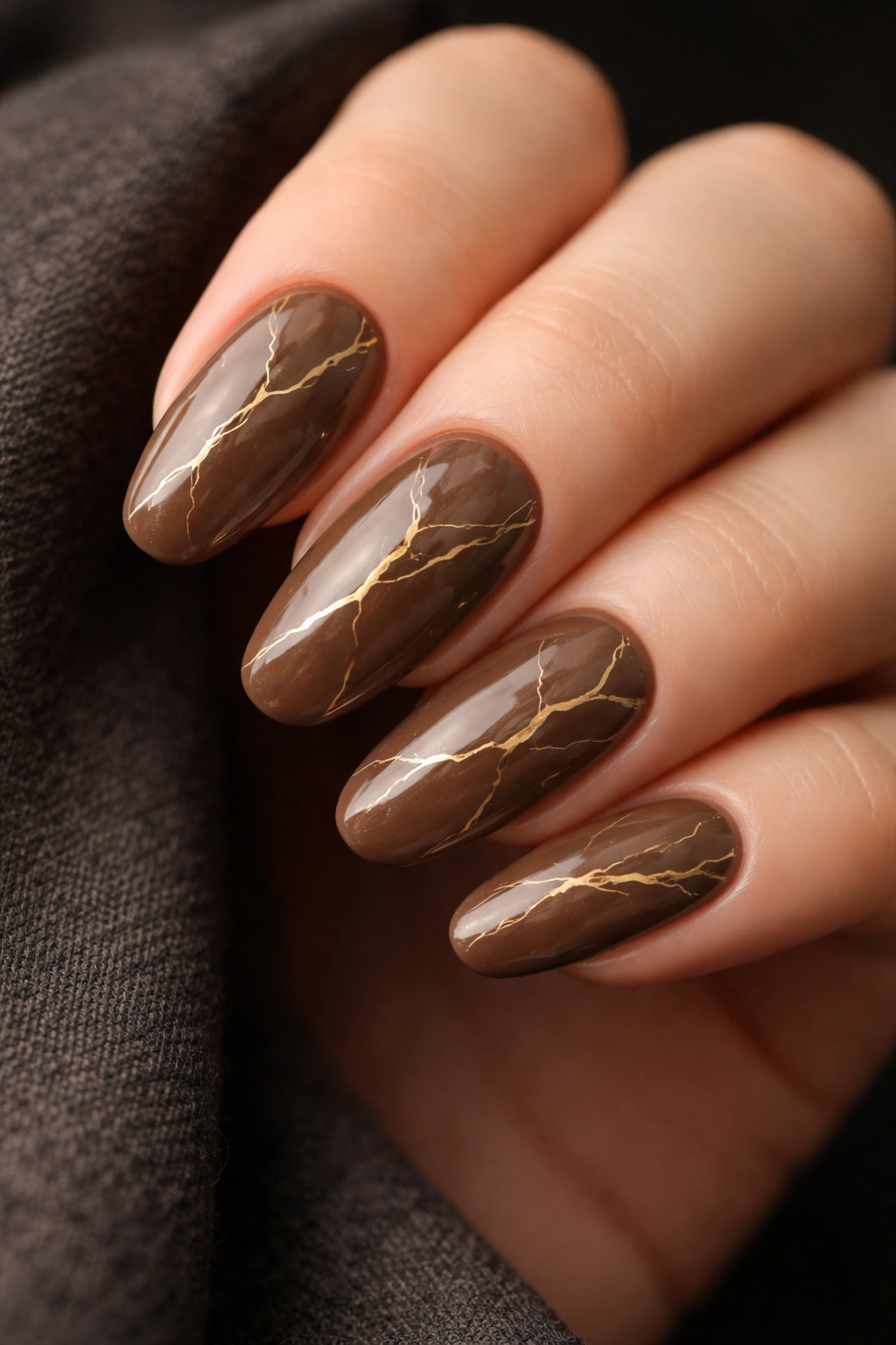 Mocha brown nails with gold marble veining close-up
