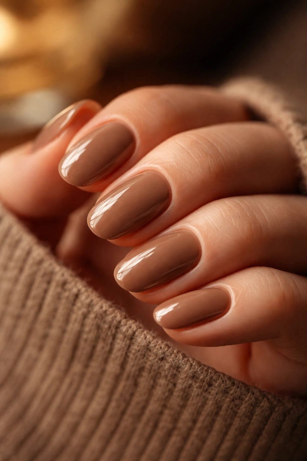 Close-up of short oval nails in mocha brown cream with glossy finish