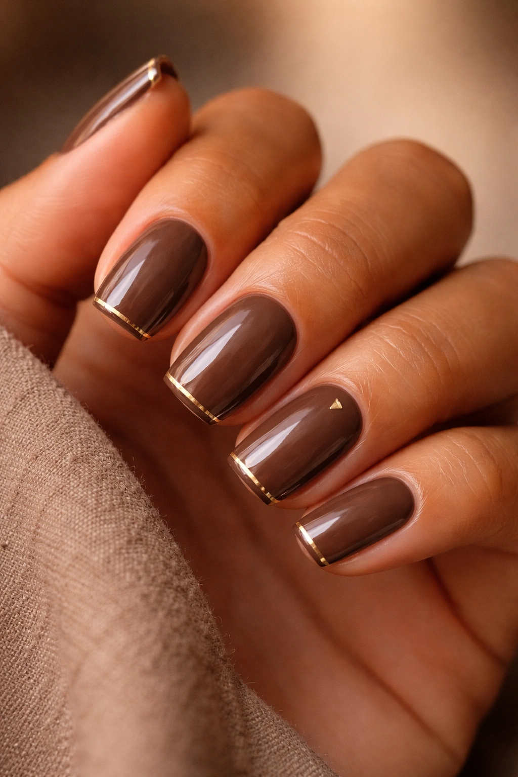 Close-up of mocha brown nails with a gold edge and tiny triangle accent