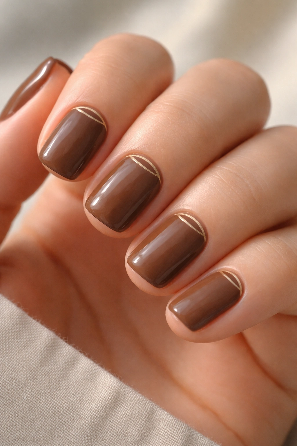 Close-up of Mocha Brown nails with minimalist cuticle art near the cuticle
