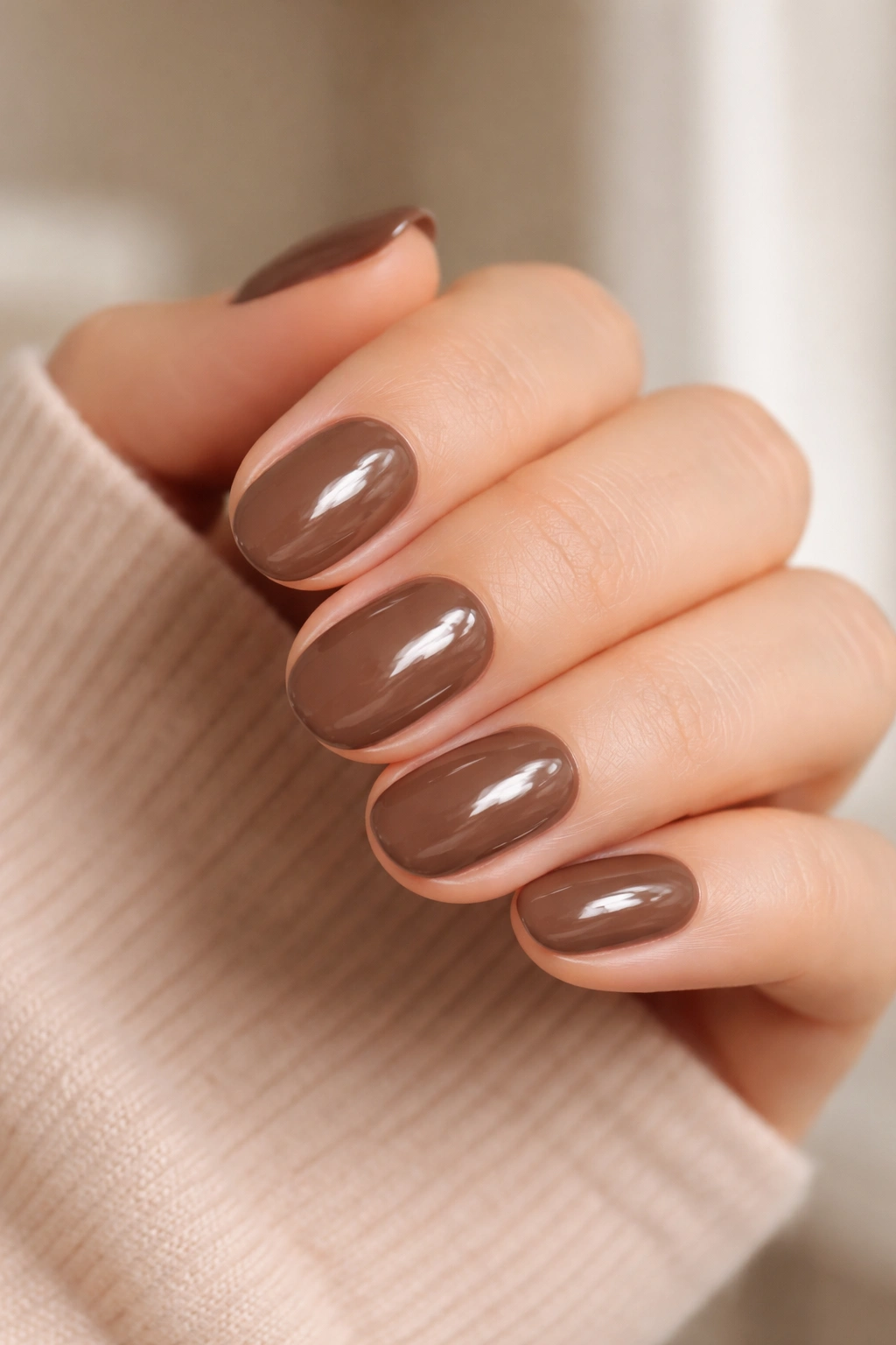 Close-up of mocha brown gloss oval nails on a hand