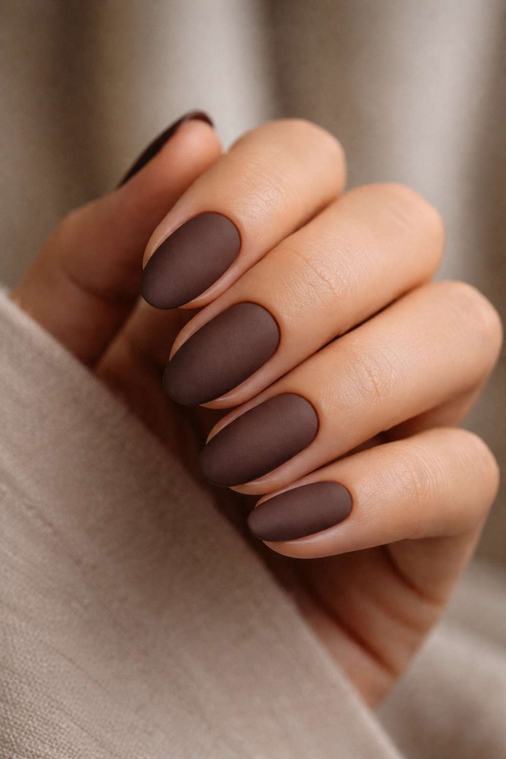Short almond nails in mocha brown with velvet matte finish.