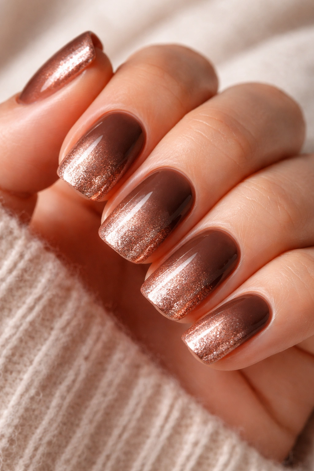 Mocha brown to rose gold gradient on short squoval nails