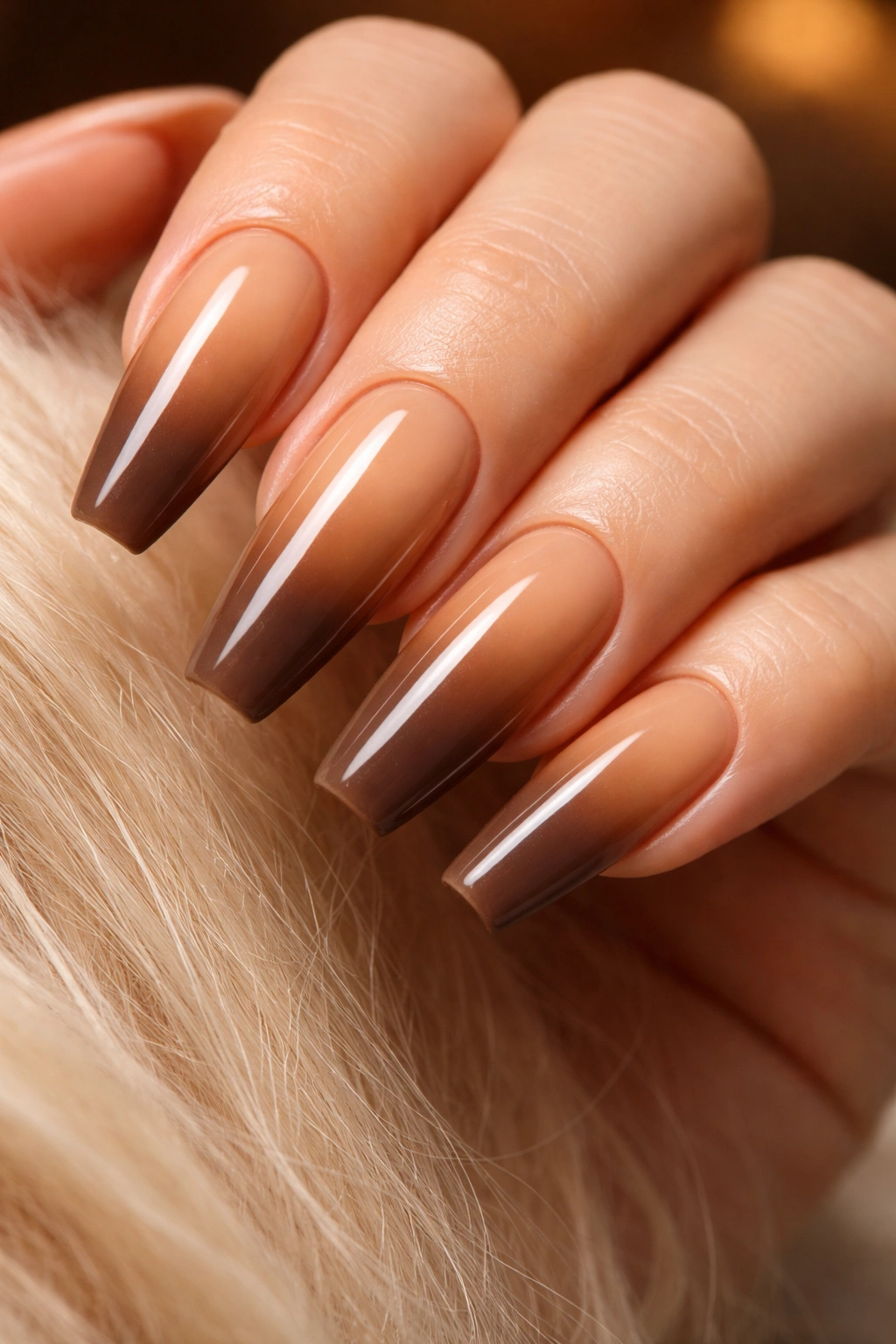 Mocha latte to caramel ombre on tapered ballerina nails with glossy finish