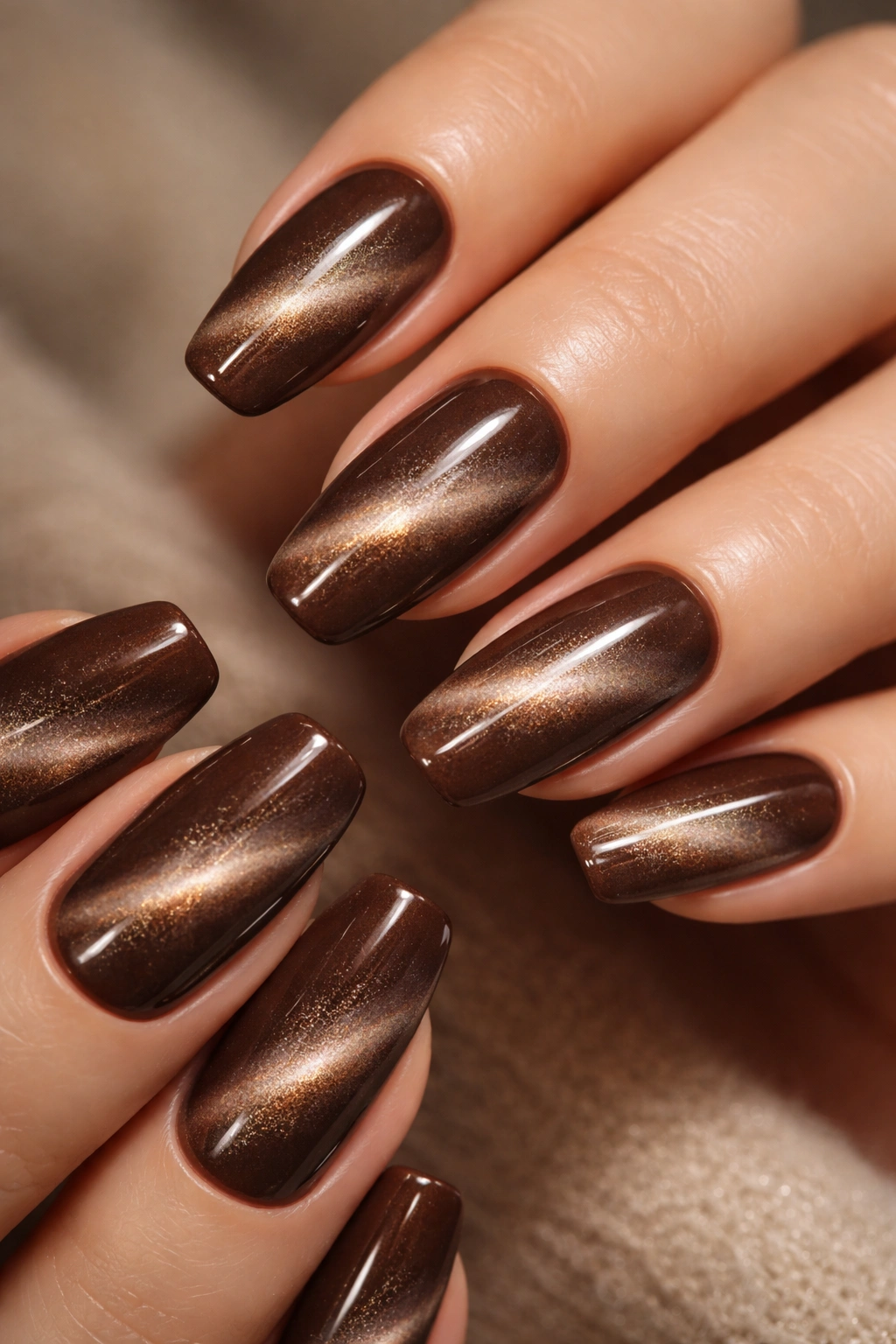 Close-up of mocha cat-eye nails with magnetic stripe