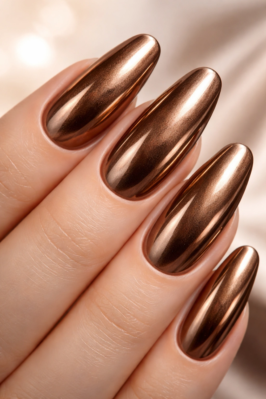 Mocha nails with bronze chrome finish reflecting light
