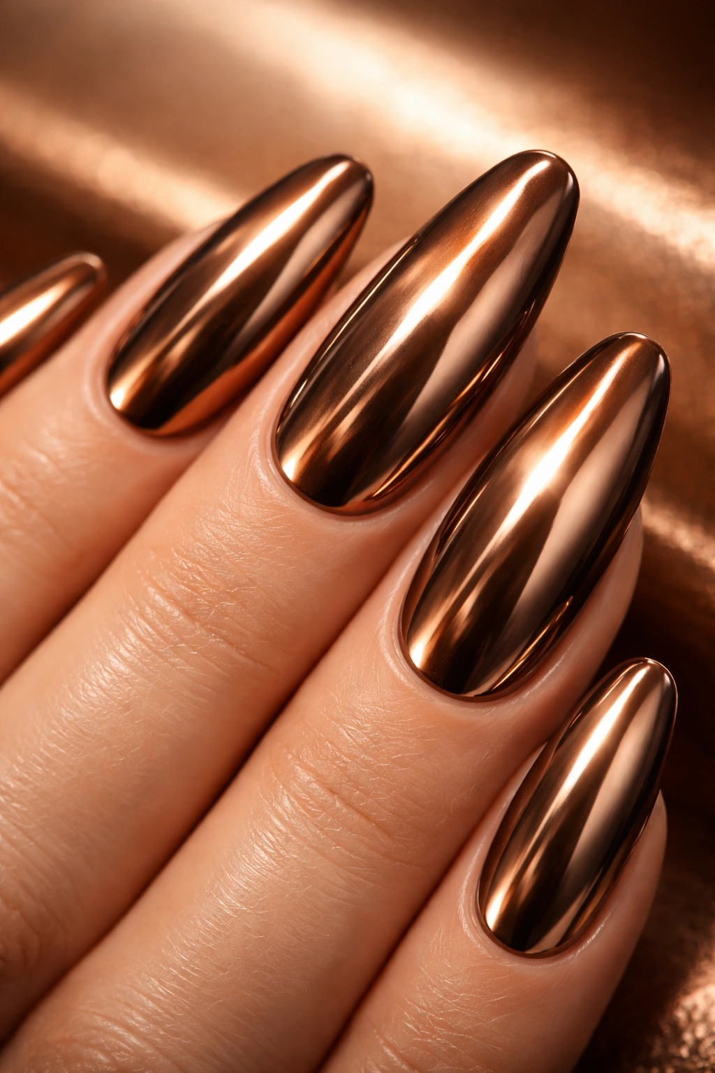 Mocha chrome nails with warm metallic finish