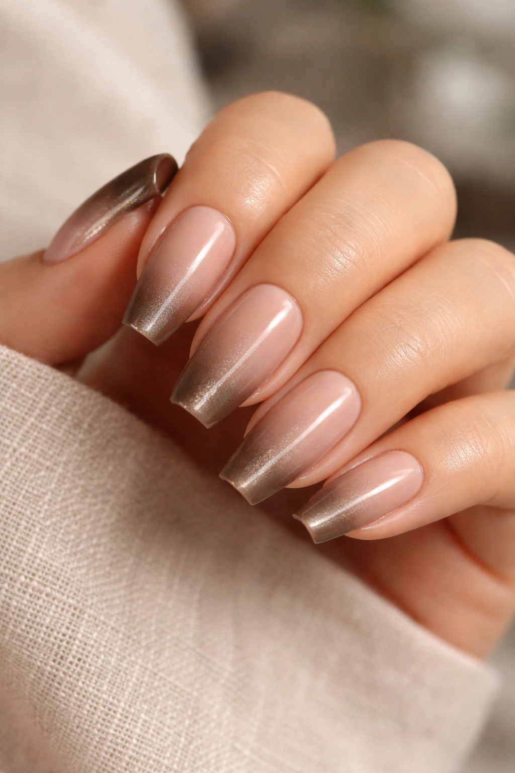 Mocha French fade nails with magnetic depth on ballerina nails