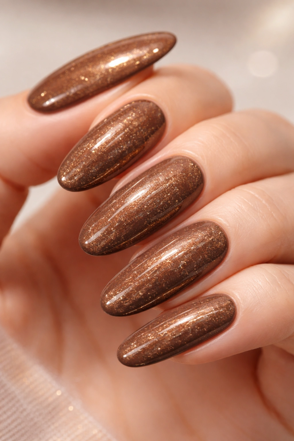 Mocha nail with subtle gold flecks on long oval shape