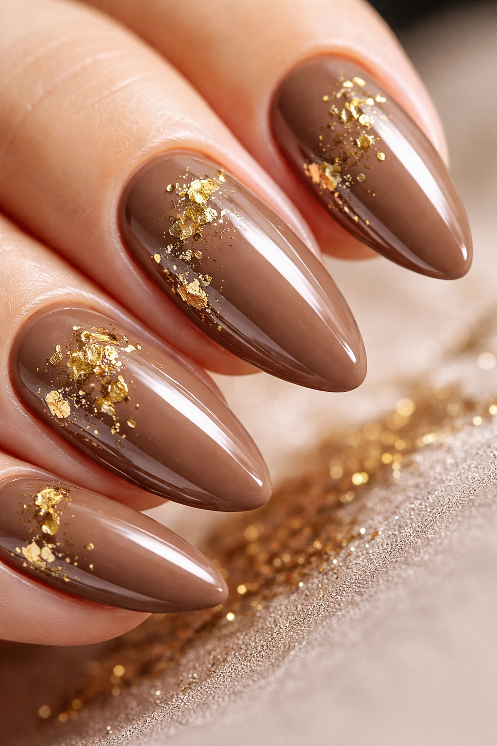Mocha nails with gold foil accents catching light