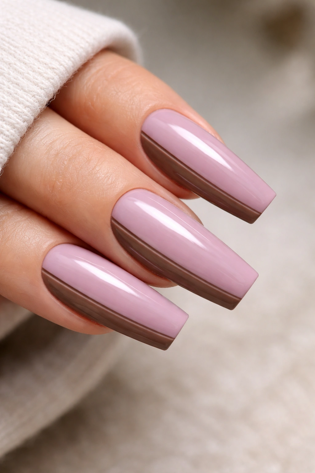 Mocha and mauve side French nails with diagonal edge