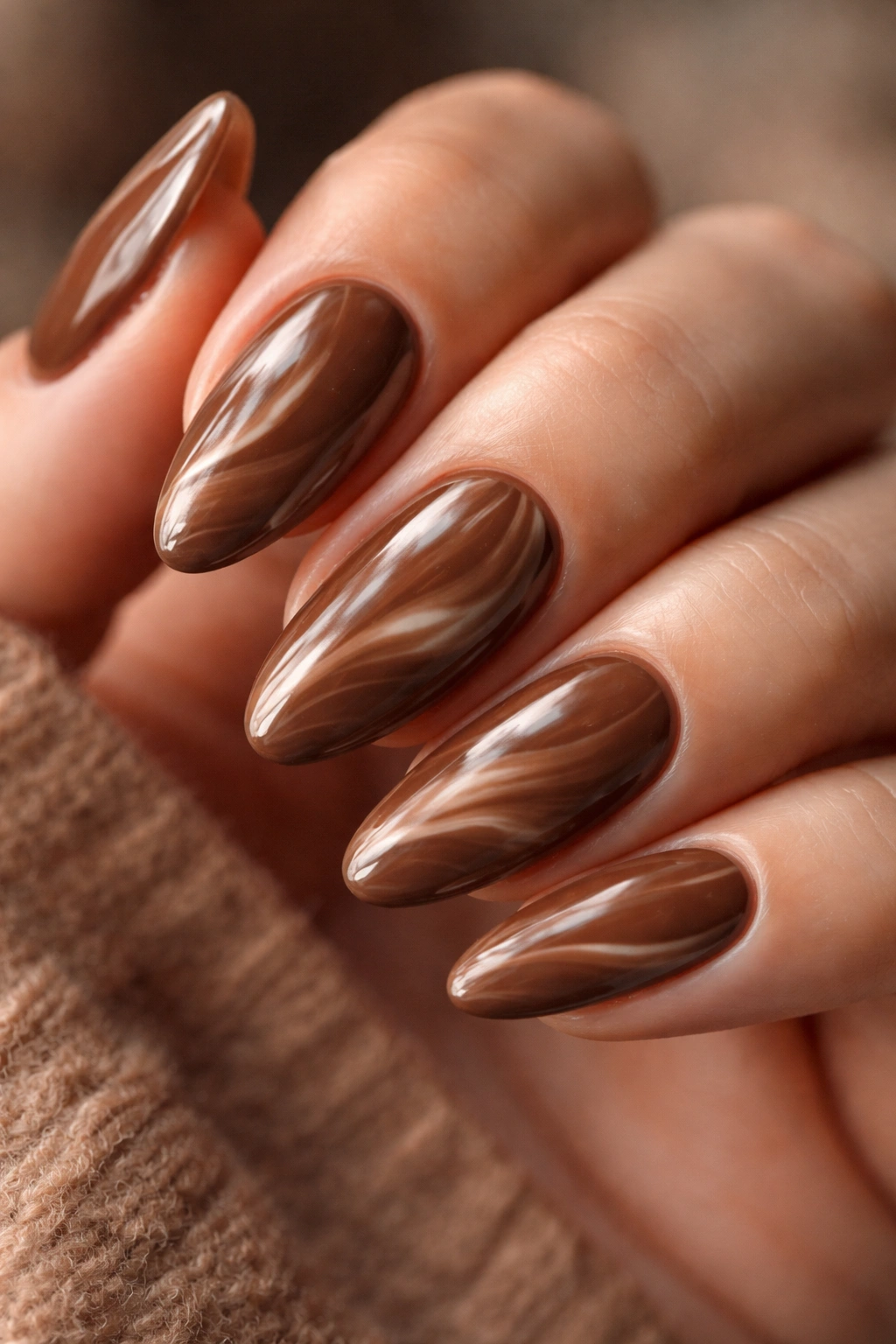 Mocha mousse nails in rich brown with glossy finish