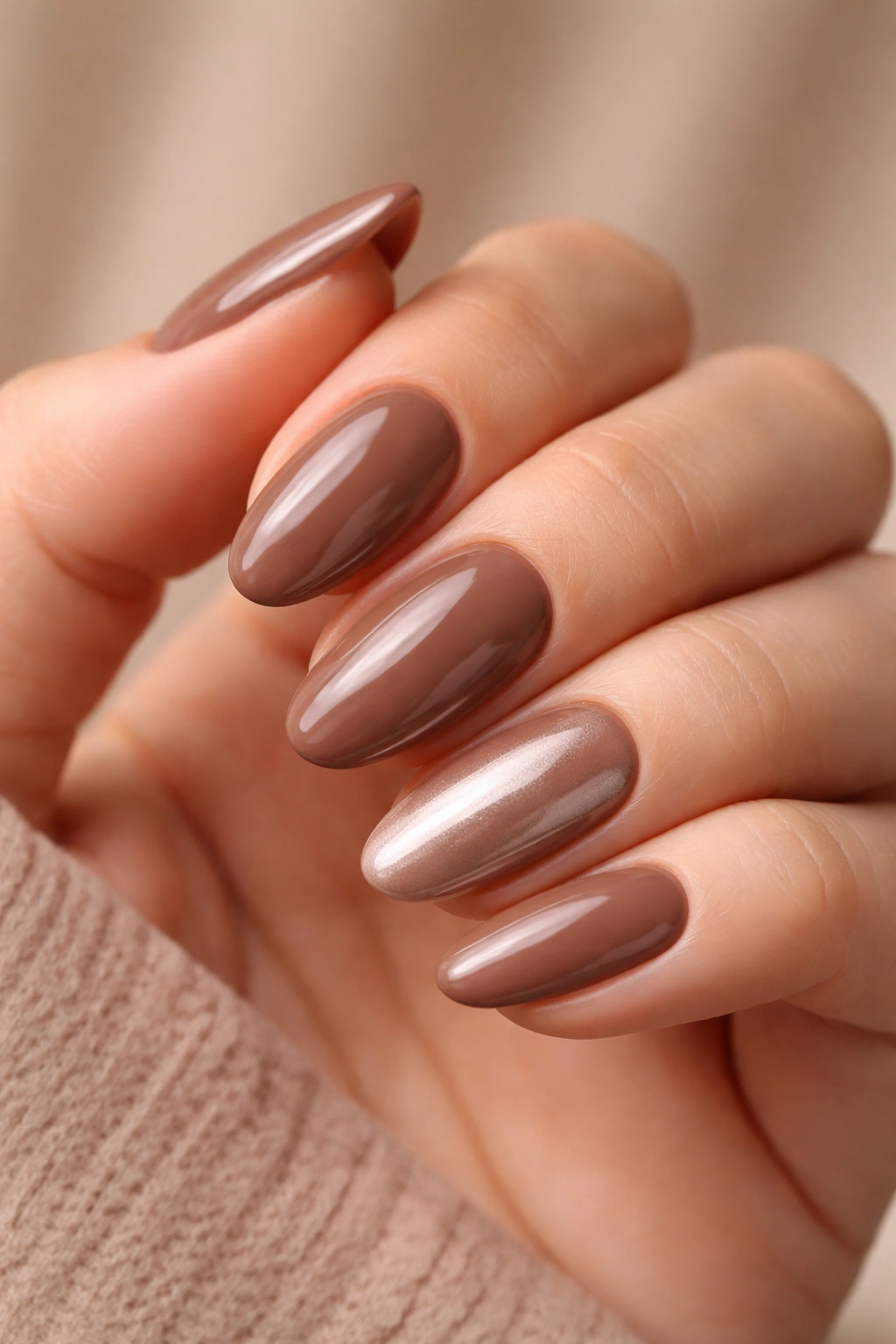 Close-up of a hand with mocha mousse nails in glossy warm brown tones on a neutral studio backdrop