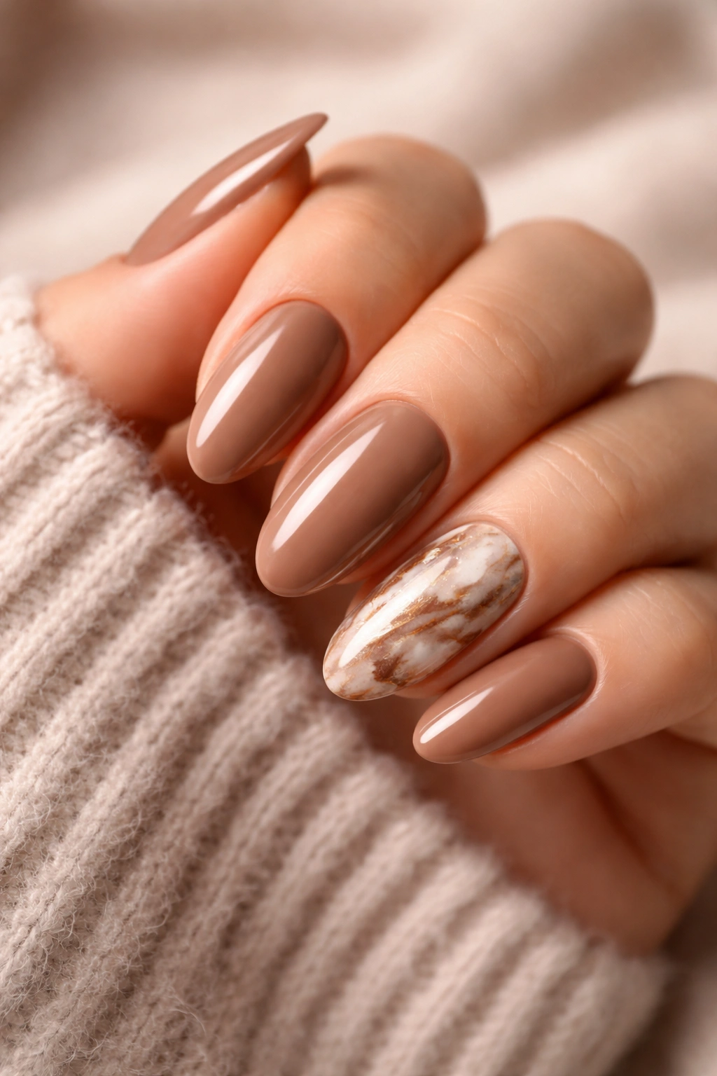 Close-up of mocha mousse nails with solid gloss and marble accent on a hand