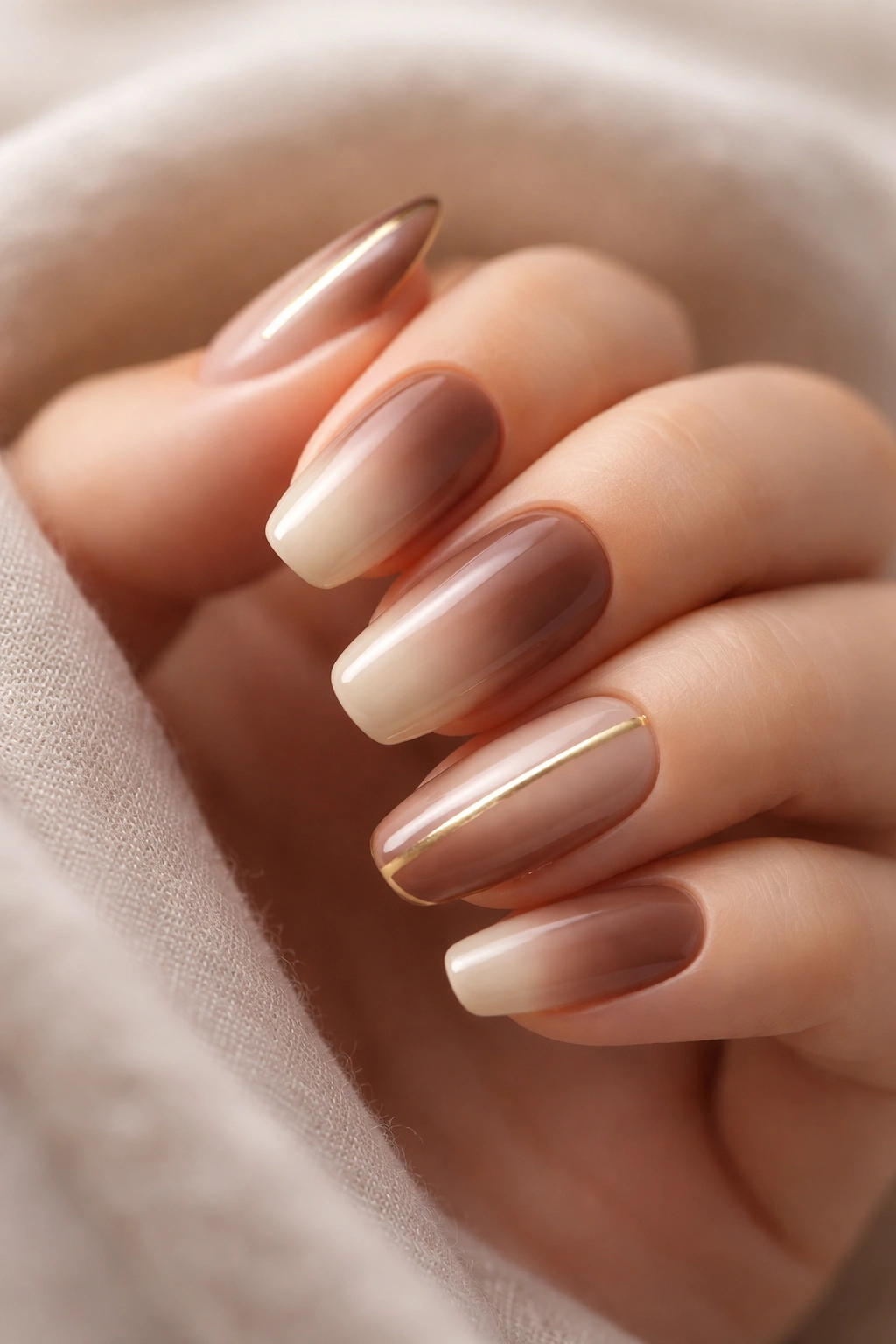 Mocha mousse brown nails with latte gradient and gold accent
