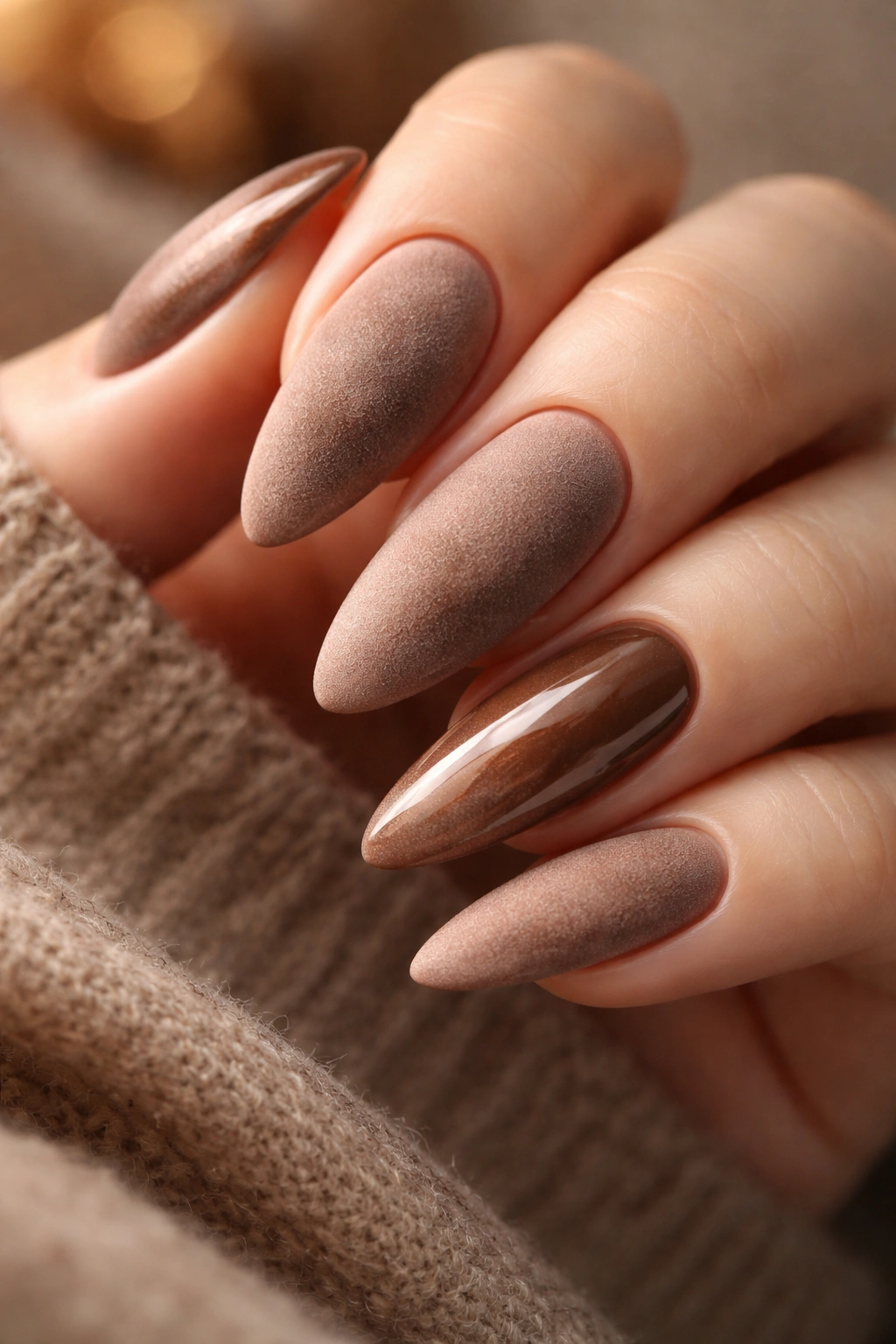 Close-up of mocha mousse velvet nails with suede-like matte finish