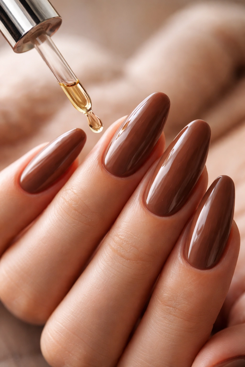 Close-up of long mocha nails with cuticle oil on the nails