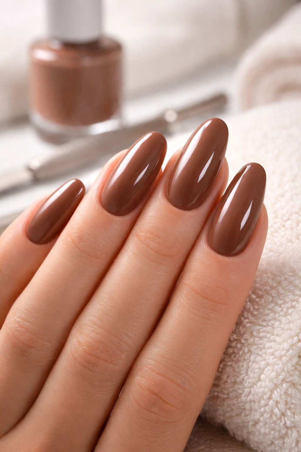 Close-up of long oval mocha nails with a glossy finish on a neutral surface