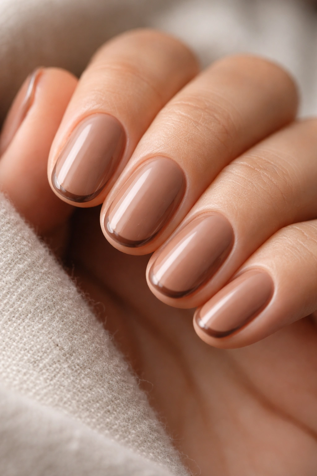 Close-up of short oval mocha nails with micro French tips