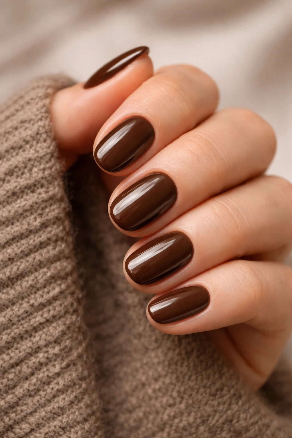Close-up of short oval nails in rich mocha with a satin finish