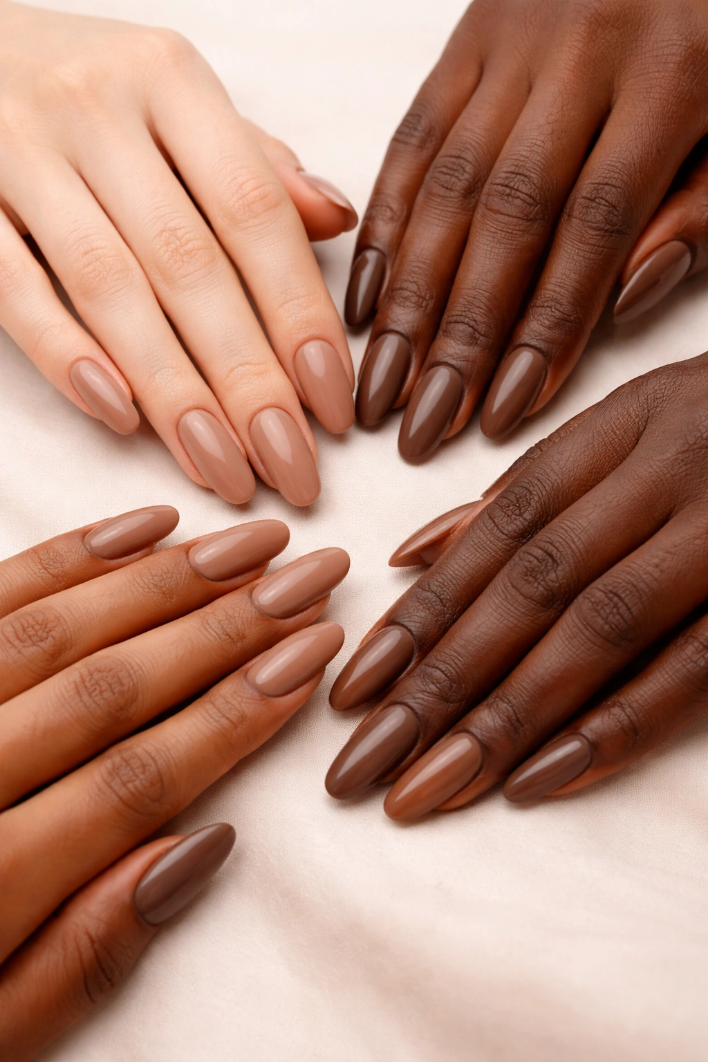 Group of hands with mocha nails on various skin tones