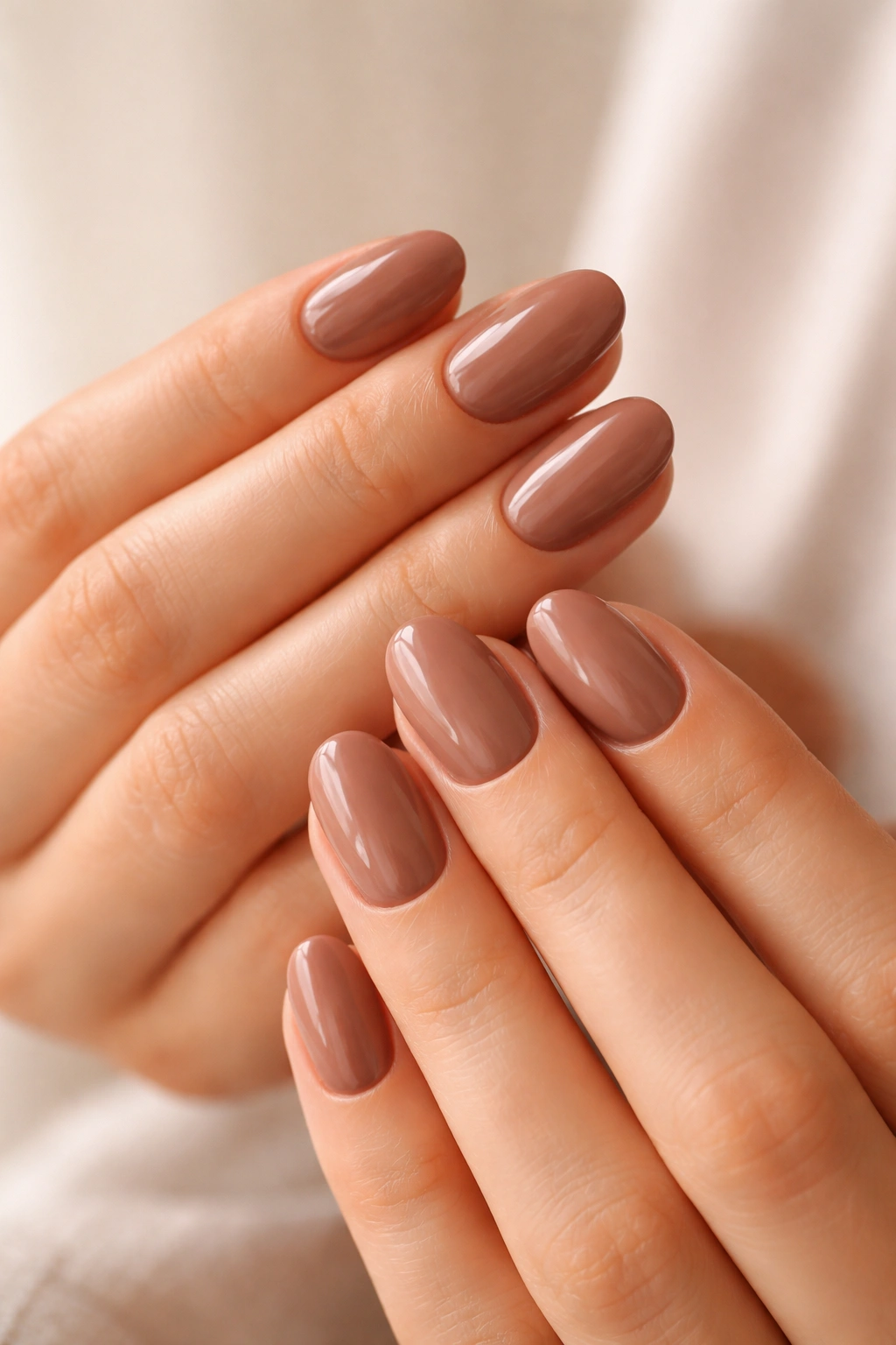 Close-up of mocha nude short oval nails with gloss on hands