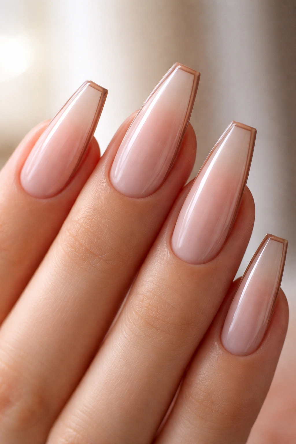 Ballerina nails with cool mocha outline along sidewalls