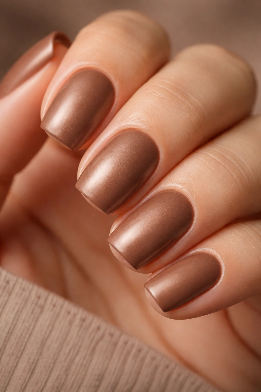 Short squoval nails in matte mocha with satin finish